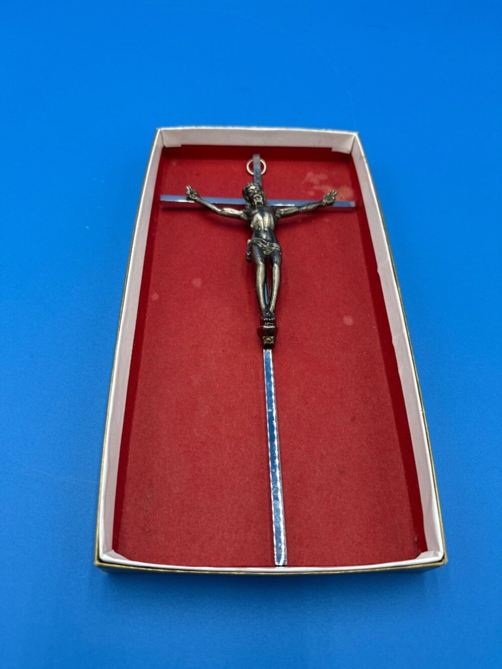 Vintage Metal Crucifix INRI Silver Gold Jesus Christian Cross Box 10" MCM